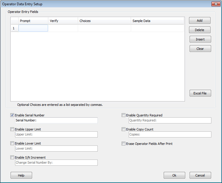 Operator Data Entry Table